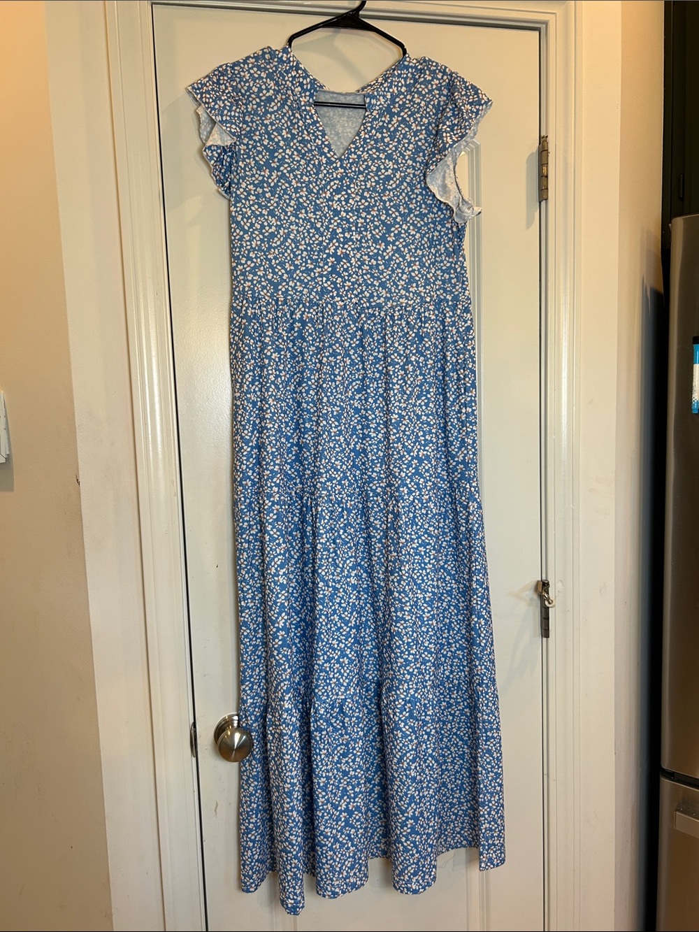 Blue Floral Maxi Dress with Flutter Sleeves